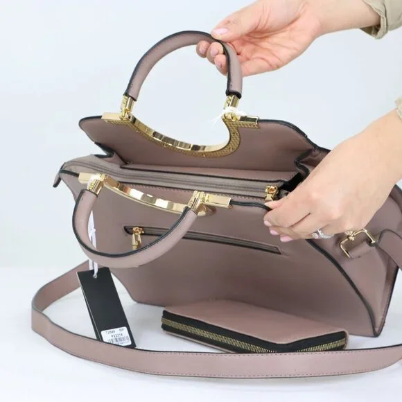 Mauve Faux Leather Purse and Wallet 2 in 1 Set Tote Cross Body Shoulder Hand Bag - Picture 8 of 12